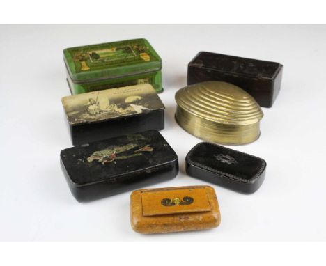 Snuff boxes, trinket boxes and vintage tins to include two 19th century papier mache snuff boxes, trench art style brass shel
