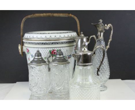 Three Glass and Silver Plate Claret Jugs, Two Glass Beer Steins with Pewter Legs and a Ceramic Slop Bucket