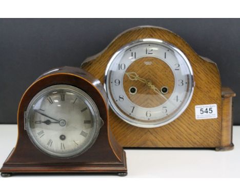 Mid 20th century oak cased two train movement bracket clock and a small mahogany cased mantle clock with silvered dial.