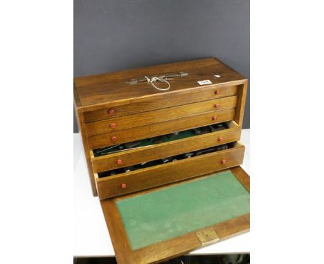 Vintage Oak Five Drawer Engineers Cabinet containing some engineering tools