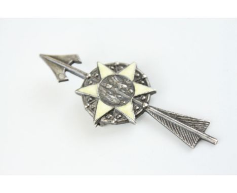 Thomas Fattorini enamelled white metal brooch, Cupid's arrow