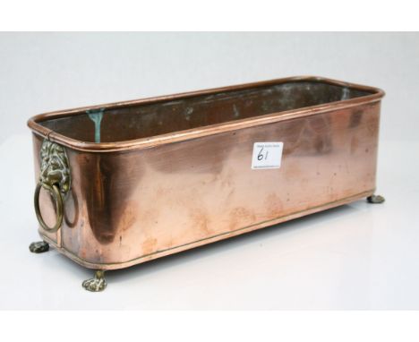Copper Rectangular Planter with Brass Ring Lion Mask Handles and Brass Paw Feet, 37cms long