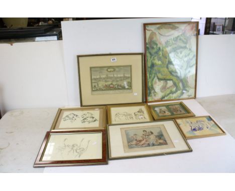 Group of Pictures including Two Watercolours dated 1839 (framed as one),Two Antique Engravings, Abstract Mixed Media Picture 