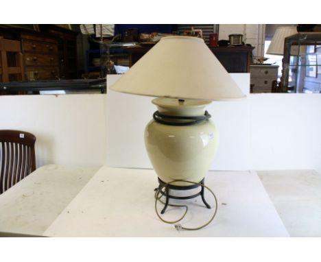 Large Crackle Glaze Ceramic Table Lamp on Iron Stand with Shade, 76cms high, retailed by Thomas Goode of London, 