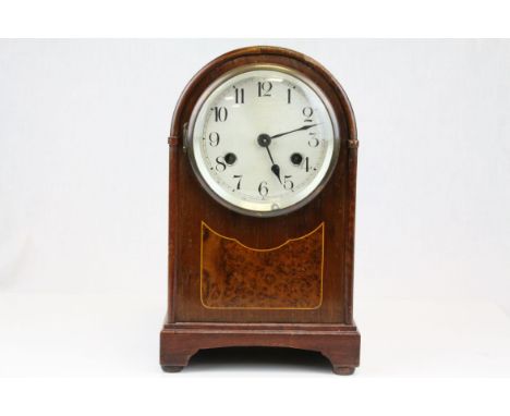 Edwardian Mahogany Inlaid Domed Cased Mantle Clock, 8 day movement with silvered face,  28cms high