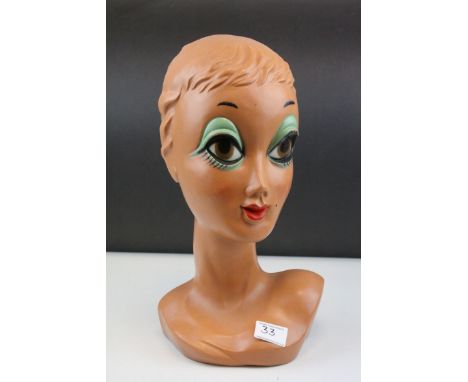 Retro 1960's Style Plastic Shop Display Mannequin Head of a Big Eyed Girl, 37cms high