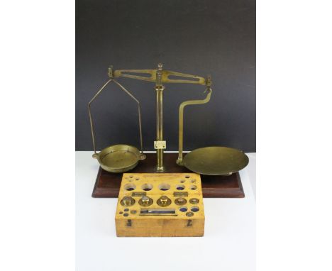 Brass Balance Scales and a Box containing Brass Weights (Metric)