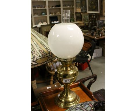 Brass Oil Lamp with Bulbous Opaque Glass Shade and Chimney, 52cms high