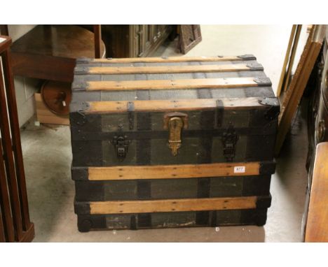 19th century Iron and Timber Bound American Saratoga Trunk, the lock marked Corbin Cabinet Lock Co, New Britain, 72cms wide x