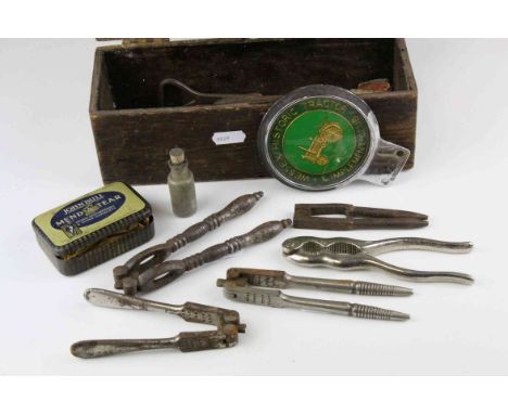 VIntage nutcrackers, Wessex Historic Tractor badge etc in wooden box