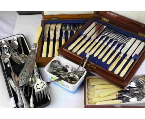 Box of mostly flatware to include fish knives and forks, fish servers, silver handled fruit knives, silver coffee spoons, a p