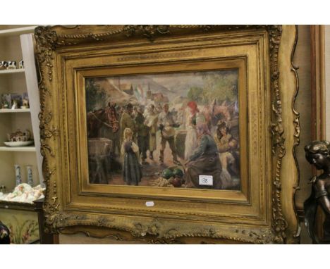 R A Hager, Oil Painting under Glass depicting a Continental Street Market , signed lower left and dated 1914, 37cms x 46cms, 