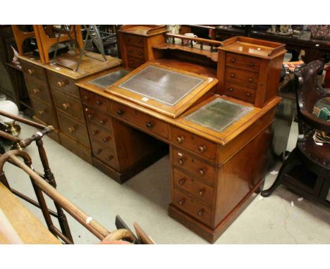 Mid 19th century Mahogany Twin Pedestal Writing Desk, the upper section with two banks of drawers with central galleried shel