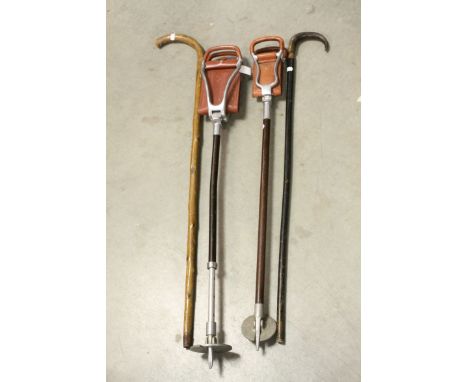 Two Shooting Sticks, Horn Handled Walking Stick and another Walking Stick