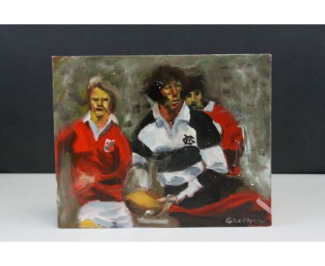Unframed oil on Board Portrait of Rugby Players including J P R Williams, 20cms x 25cms