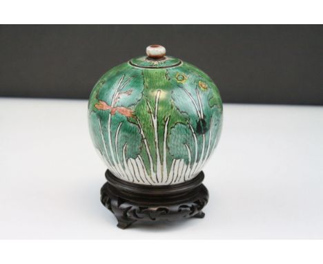 French Ceramic Japanese Style Cylindrical Lidded Jar with leaf and dragonfly decoration, paper label to base '  'Au Vase Etru