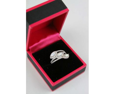 Silver CZ and Opal Panelled Ring