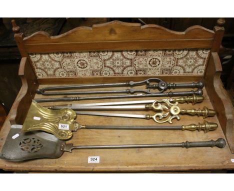 Set of Steel Fire Irons together with a Set of Brass and Steel Fire Irons and a Brass and Glass Folding Firescreen