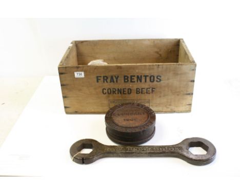 Vintage Wooden ' Fray Bentos Corned Beef ' Crate together with a Cast Iron ' GWR ' Boundary Post dated 1882 and a Large Antiq