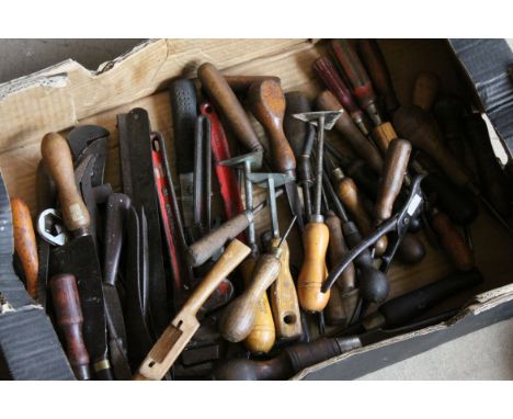 Box of mostly Vintage tools, screwdrivers, wrenches, spoke shaves, etc