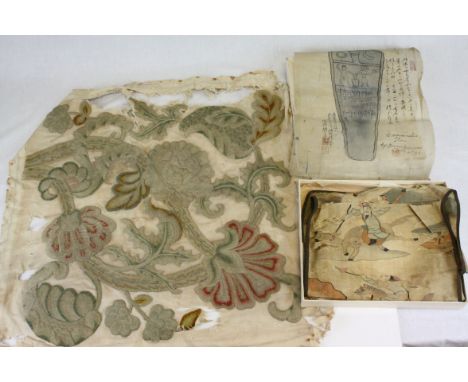 An antique embroidered panel together with two oriental paintings on silk of figures.