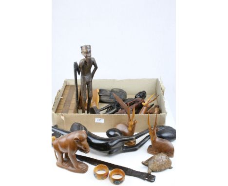 Collection of African Carved Wooden Animals and Figures plus a Wooden Cribbage Board, etc