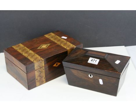 Victorian Inlaid Jewellery Box with lift out tray, 28cms wide together with a Tea Caddy  