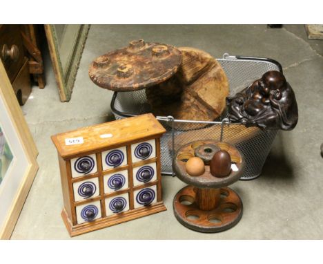 Mixed Lot of Wooden Items including Two Stands, Chopping Boards, Egg Stand, Small Cabinet with Nine Ceramic Drawers, etc