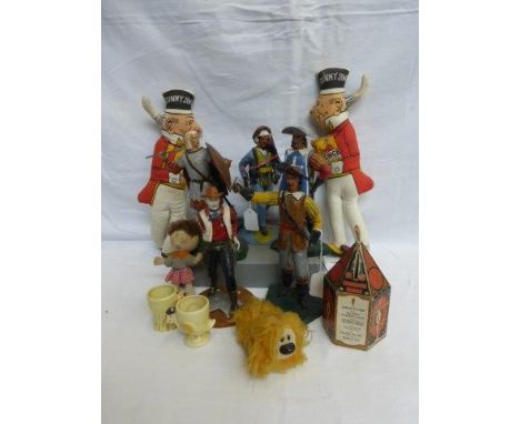 Two Sunny Jim Forces Wheat Flake fabric advertising figures, a selection of Aurora Plastics models, dated 1958, an egg cup in