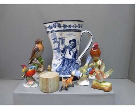An assortment of Royal Adderley Crown Staffordshire, a Goebel bird figurines, a Royal Doulton blue and white jug etc. 
