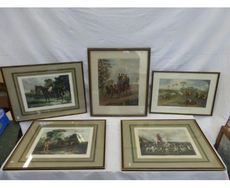 An assortment of framed and glazed prints depicting a steeplechase, famous racing horses, fox hunting, a coaching scene etc. 