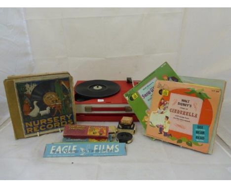 Five Walt Disney coloured lantern slide pictures including Mickey Mouse, two Eagle Films strips, various children's records a