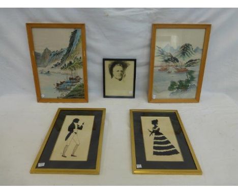 Two Oriental silks, a pair of silhouettes and an unfinished print of a 19th Century sketch by Raeburn. 