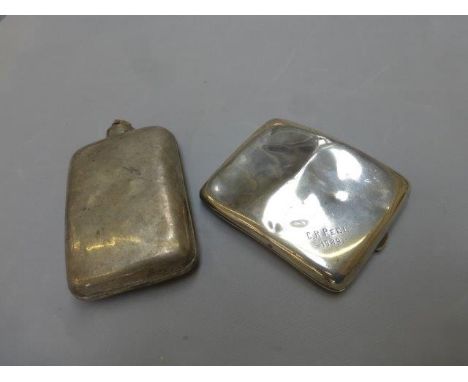 A silver hip flask, all marks rubbed and a silver cigarette case, maker C & C, Chester 1915. 