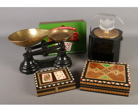 A Mid Century ice bucket by Sparklets with a set of Librasco scales, parquetry game boxes and a modern poker set