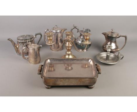 A box of assorted metalwares, to include silver plated heated serving dish, Thomas Williams candlestick with snuffer and thre