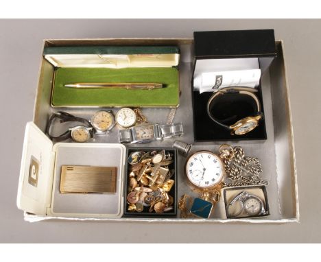 An early 20th century pocket watch in gold plates case, cross pencil, Pierre Cardin lighter, watches etc