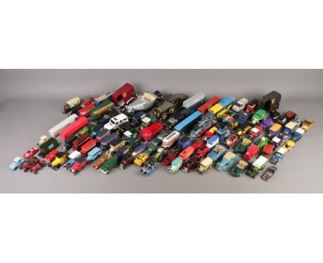 A large box of assorted scale model vehicles, mainly die-cast.  To include examples from Lledo, Corgi, Matchbox and Burago.  