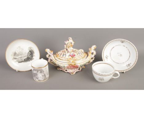 A collection of porcelain items comprising an antique Rococo-style lidded bowl with glossy glaze and hand-painted floral deco