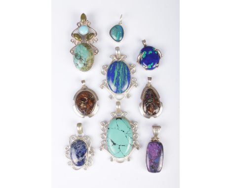 Nine silver and white metal pendants containing polished hardstones, including turquoise coloured, boulder opal, purple coppe