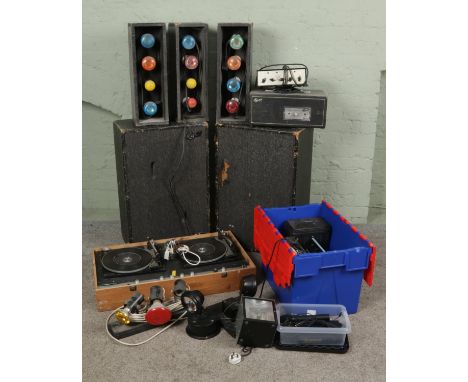 A large quantity of DJ equipment including DJ console with to BSR decks, speakers and amplifiers, lighting and accessories.