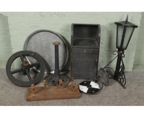 Mixed metalware, including garden floor lantern, large round metal serving tray, solid cast iron wheel and industrial style m