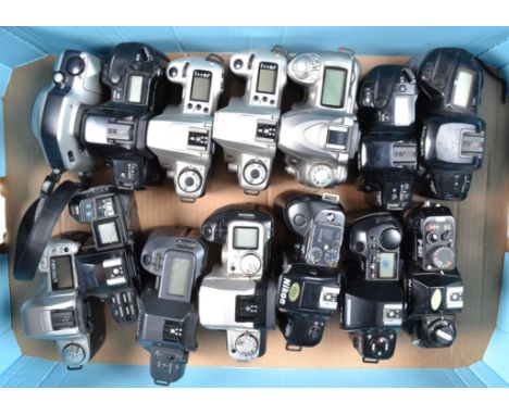 A Tray of SLR Camera bodies, incuding Nikon F-301-401s, Canon EOS and Minolta models