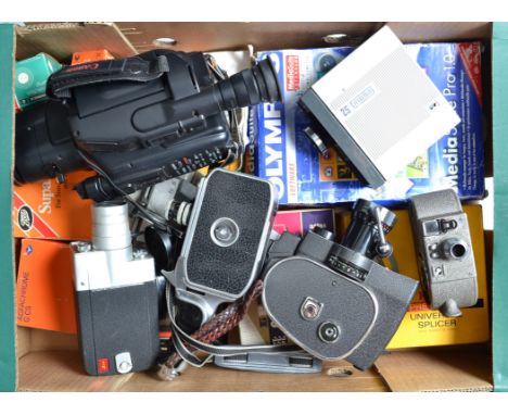 Cine Cameras, a Quartz Zoom, J Elco Super 708, eumig S2, Bell &amp; Howell Sportster, Canon E230 video camera and a tray of c