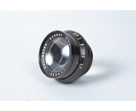 A Dallmeyer 7'' f/4.5 Serrac Enlarging Lens, serial no 350450, barrel G, some light brassing, elements G, light haze