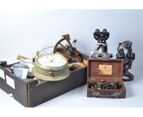 Various Scientific Instruments,  Hall Bros dumpy level, black crackle finish, in mahogany case, H Hughes &amp; Son bulkhead c