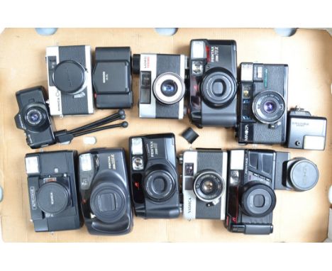 A Tray of Compact Cameras, a Minox 35 EL, Konica C 35, AF, Yashica 35-ME, Pentax Zoom 70, Zoom 70 X, Zoom 90, Zoom 105 R, Min