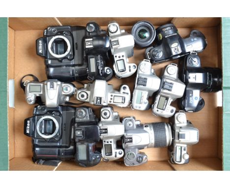 A Tray of SLR Camera bodies, Nikon F90X (2), F50, Canon EOS 10, 500, 500n, 300 (2), 300v, with 28-90mm EF lens, Minolta 505 s