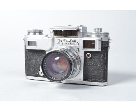 A Kiev 4A Type 2 Rangefinder Camera, shutter working, meter responsive, timer not firing shutter, body G, with 50mm f/2 Jupit