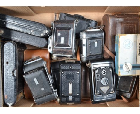 A Tray of Folding Cameras, including a Balda Baldix, in maker's box, with manual, (G), Franka Solida, Rajar No 6, Ensign and 